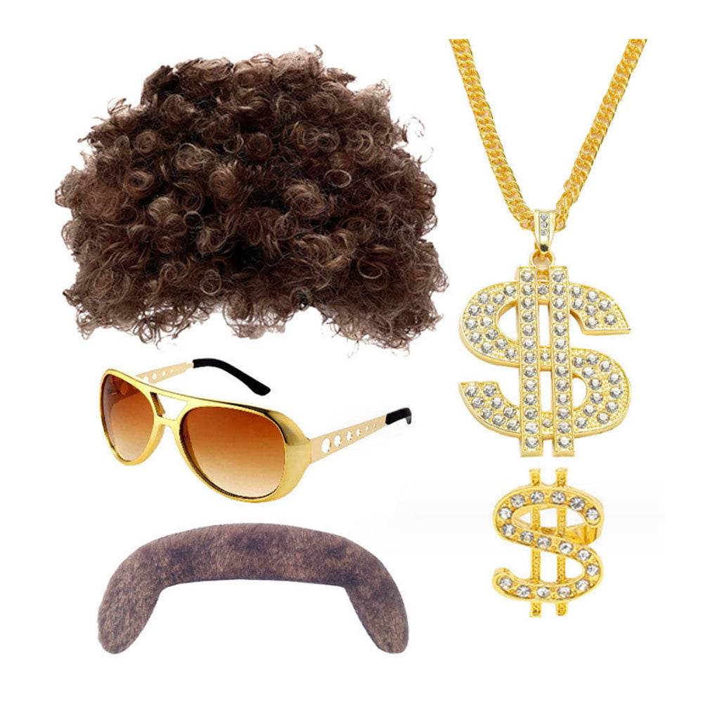 70s party Halloween props role play Elvis style ball wig glasses beard set - Ecosfun