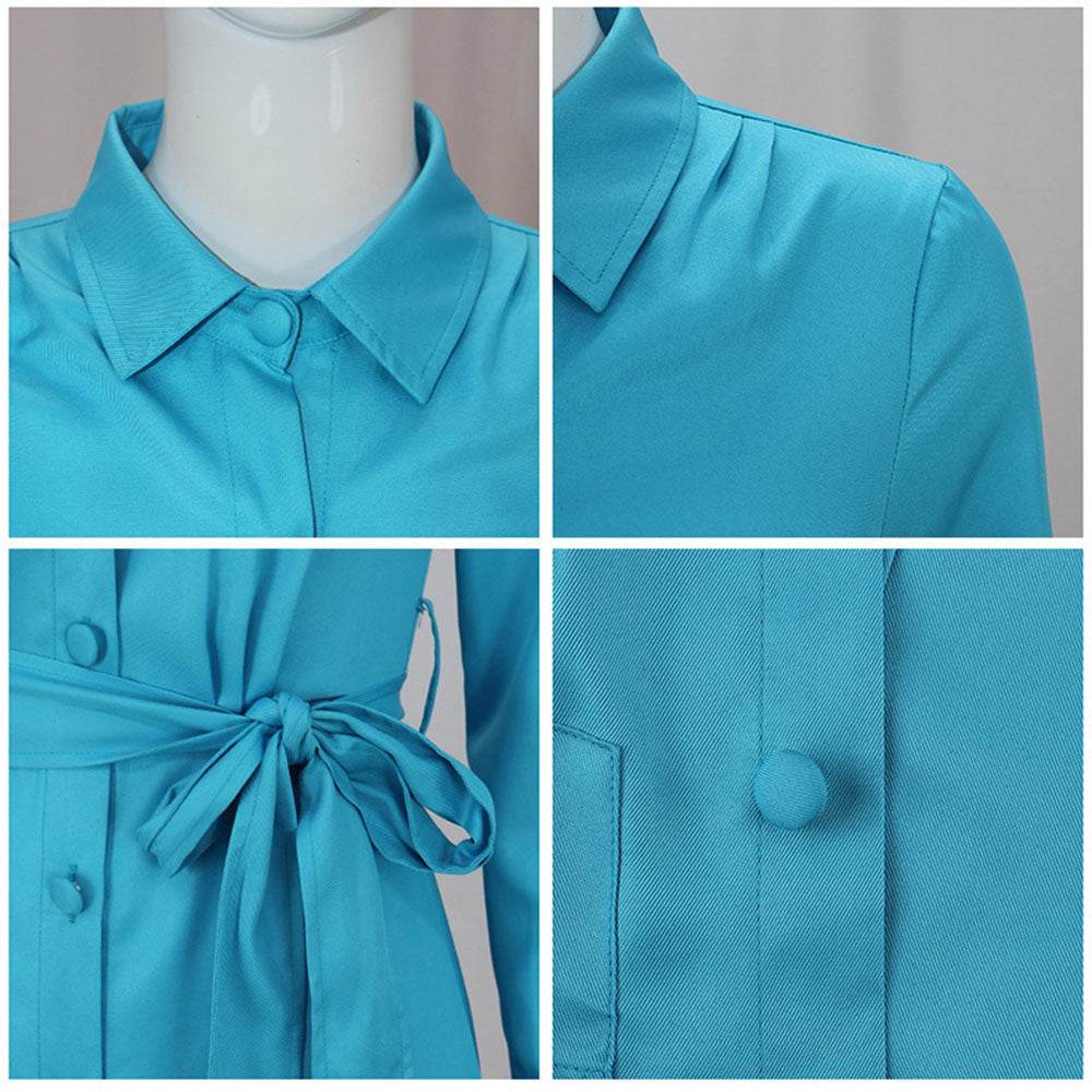 Ratched Cosplay Costume Blue Nurse Dress with Belt and Hat for Halloween - Ecosfun