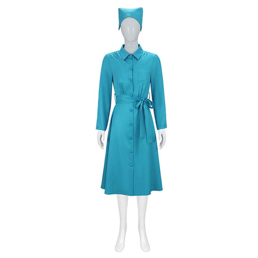 Ratched Cosplay Costume Blue Nurse Dress with Belt and Hat for Halloween - Ecosfun