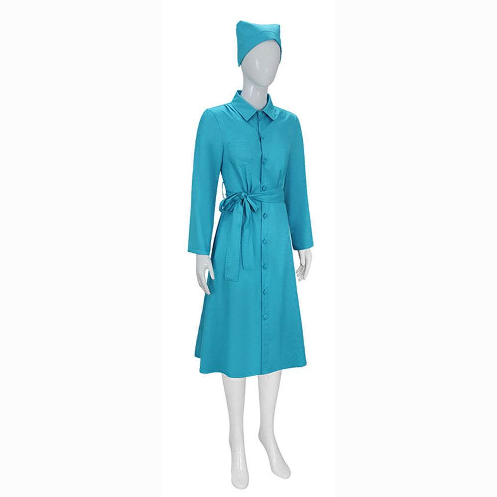 Ratched Cosplay Costume Blue Nurse Dress with Belt and Hat for Halloween - Ecosfun