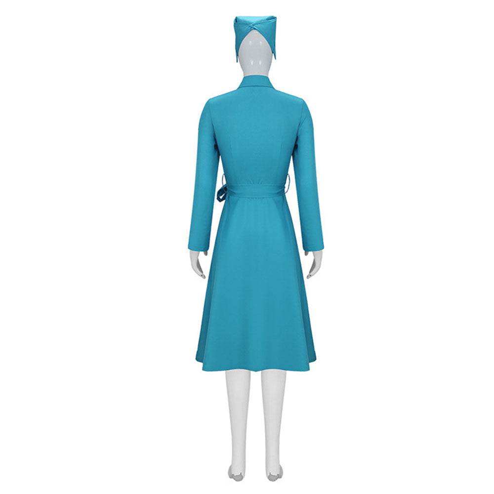 Ratched Cosplay Costume Blue Nurse Dress with Belt and Hat for Halloween - Ecosfun