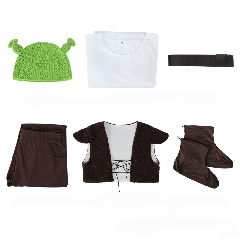Shrek Green Monster Cosplay Mens Costume Halloween Full fleece Vest Outfit Set