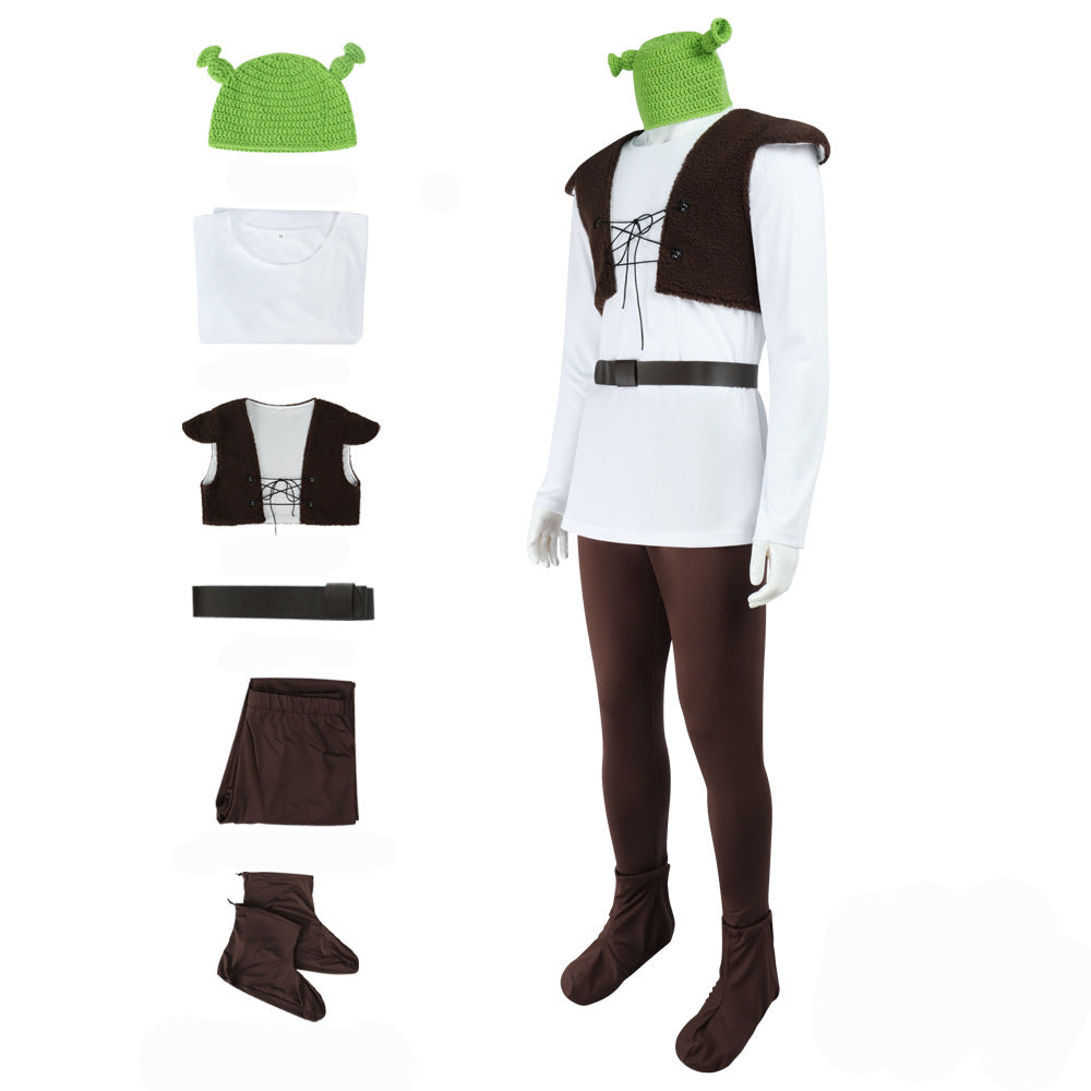Shrek Green Monster Cosplay Mens Costume Halloween Full fleece Vest Outfit Set