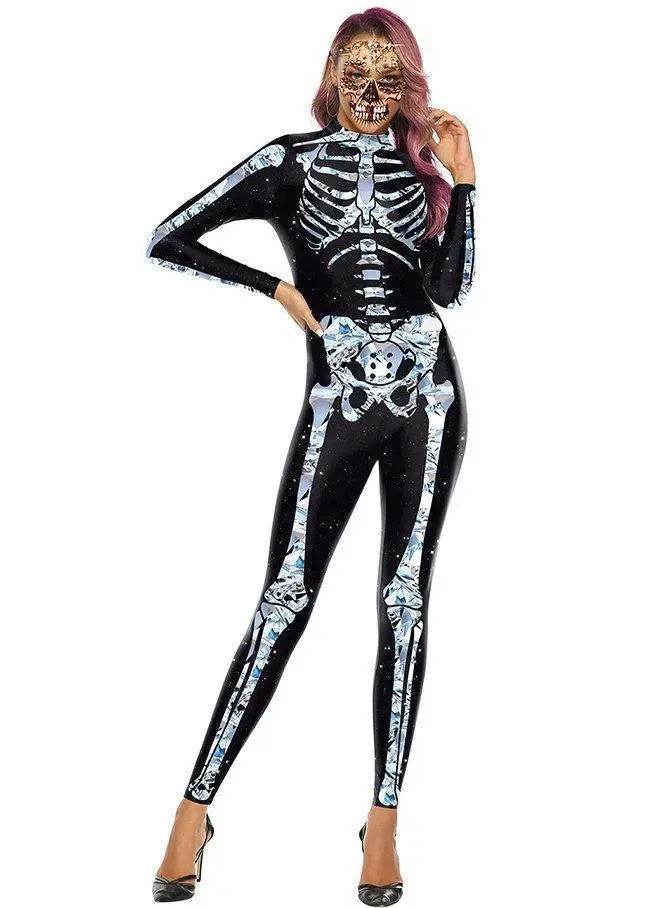 Halloween White Skeleton Elastic Bodycon Jumpsuit Cosplay Costume - Ecosfun