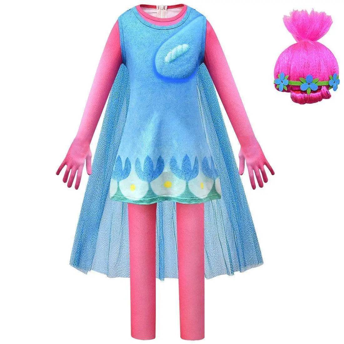 Kids Girl Trolls 2 World Tour Poppy Costume Cosplay ZenTai Short Sleeve Cape Dress - Ecosfun