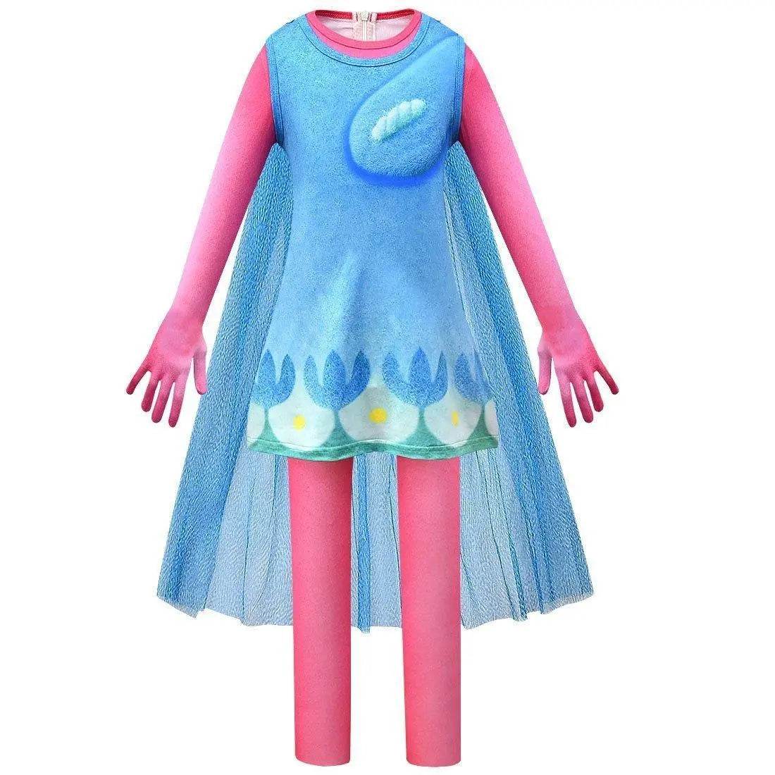Kids Girl Trolls 2 World Tour Poppy Costume Cosplay ZenTai Short Sleeve Cape Dress - Ecosfun