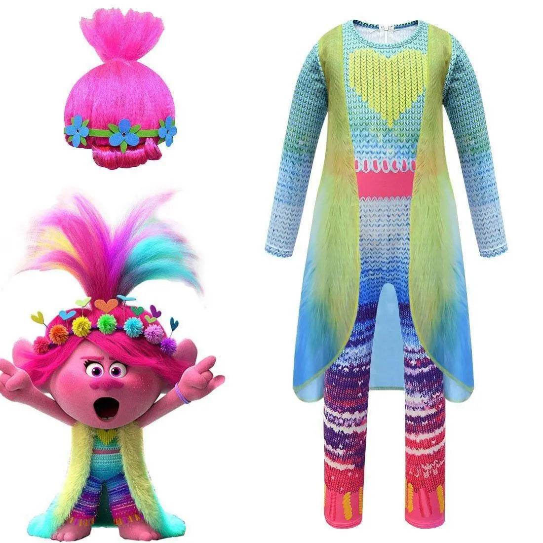 Kids Girl Trolls 2 World Tour Queen Poppy Costume Jumpsuit With Vest Wig - Ecosfun