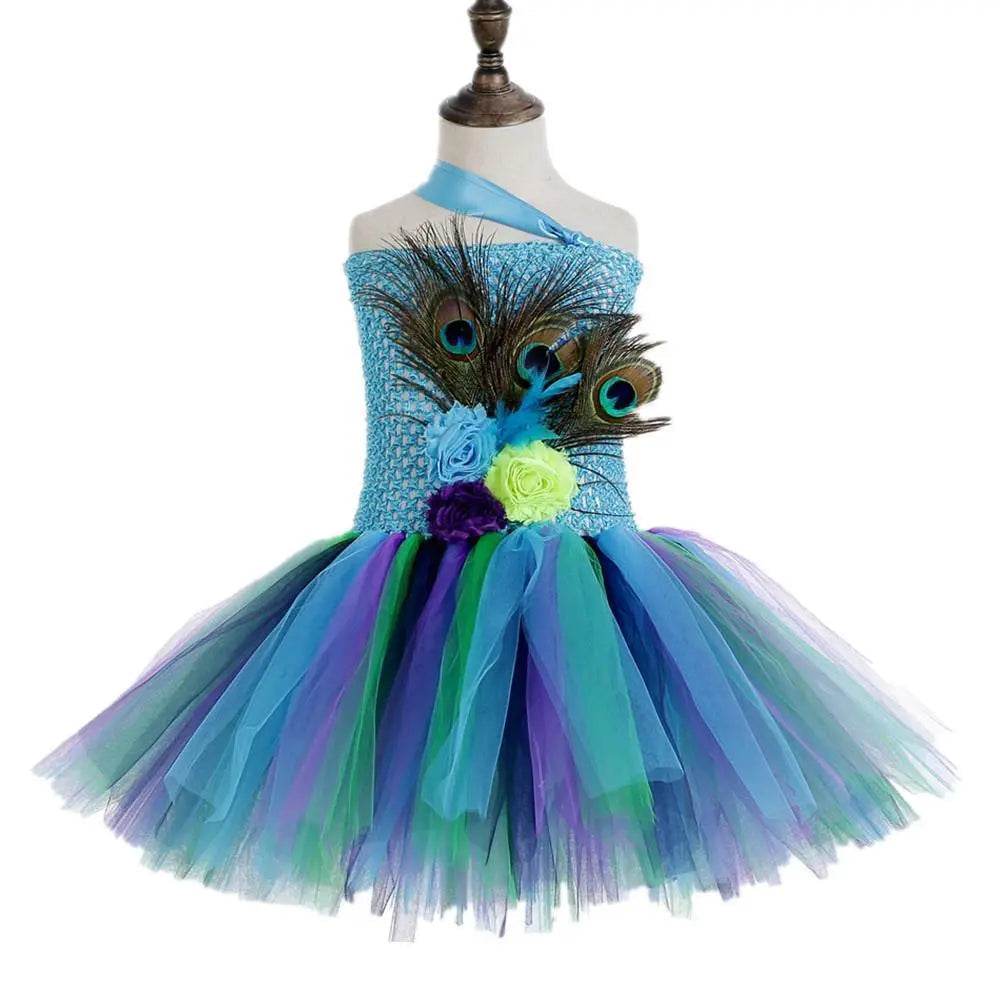 Kids Sequin Peacock Feather Costume Girls Easter Carnival Party Dress - Ecosfun