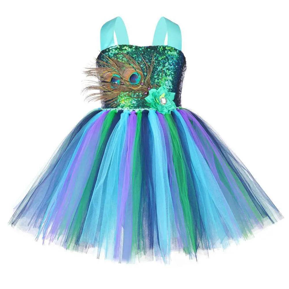Kids Sequin Peacock Feather Costume Girls Easter Carnival Party Dress - Ecosfun