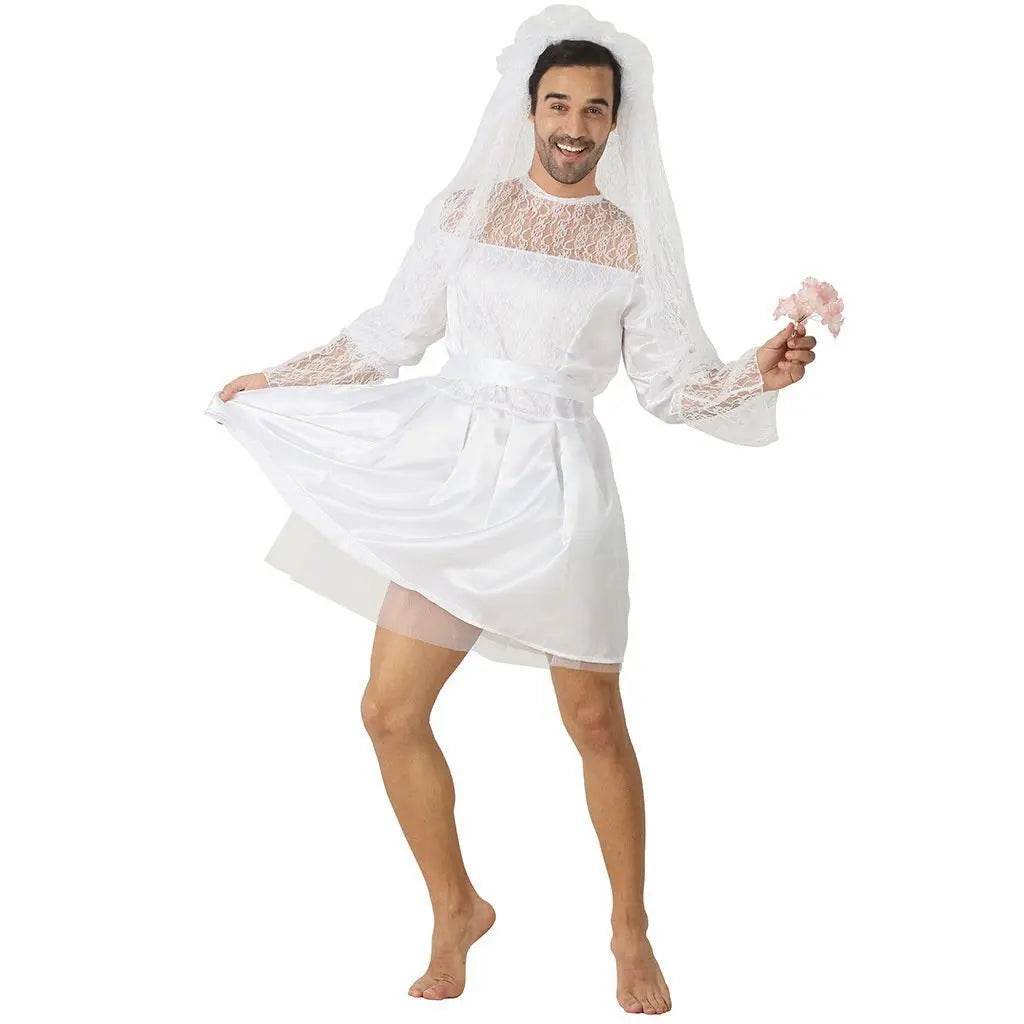 Men's Wedding Dress Funny Male White Bride Costume Halloween Stag Night Party Outift - Ecosfun