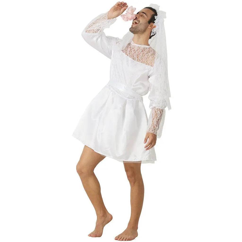 Men's Wedding Dress Funny Male White Bride Costume Halloween Stag Night Party Outift - Ecosfun