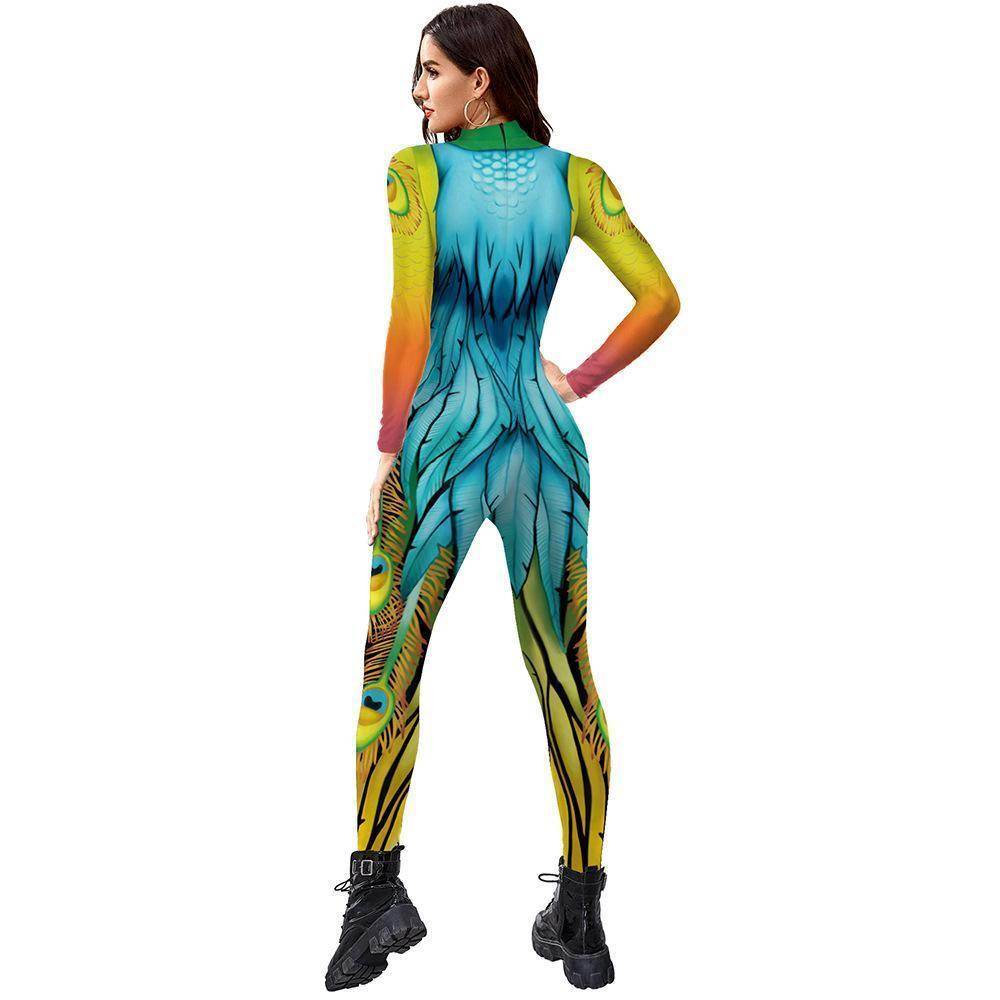 Womens Halloween Costumes Cosplay Peacock Print Jumpsuit Slim Fit Long Sleeve Catsuit Party Outfit - Ecosfun