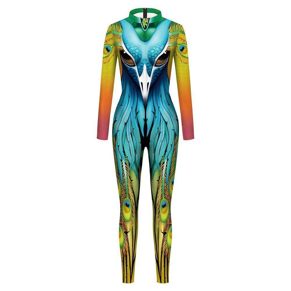 Womens Halloween Costumes Cosplay Peacock Print Jumpsuit Slim Fit Long Sleeve Catsuit Party Outfit - Ecosfun