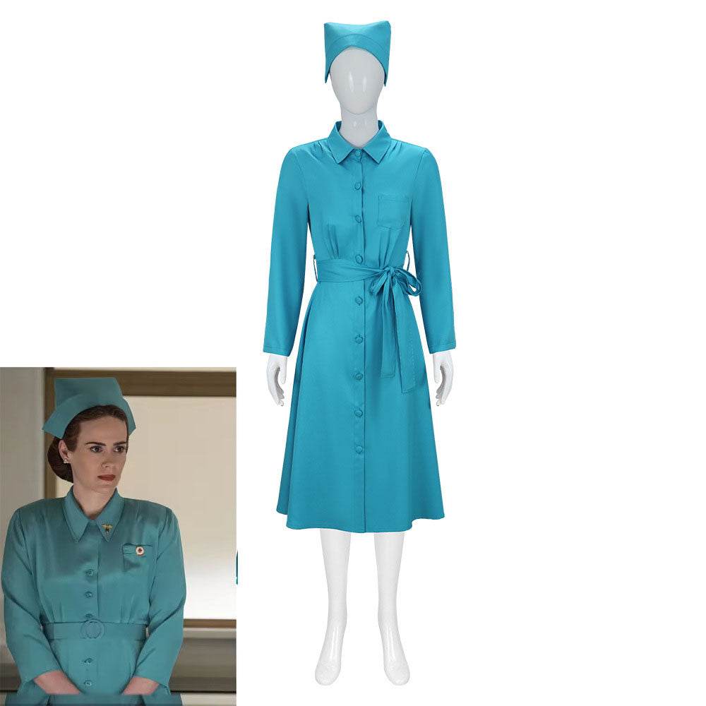 Ratched Cosplay Costume Blue Nurse Dress with Belt and Hat for Halloween - Ecosfun