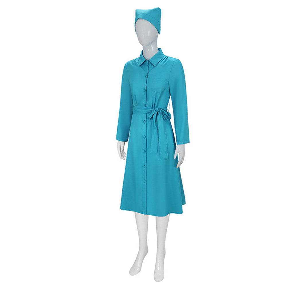 Ratched Cosplay Costume Blue Nurse Dress with Belt and Hat for Halloween - Ecosfun