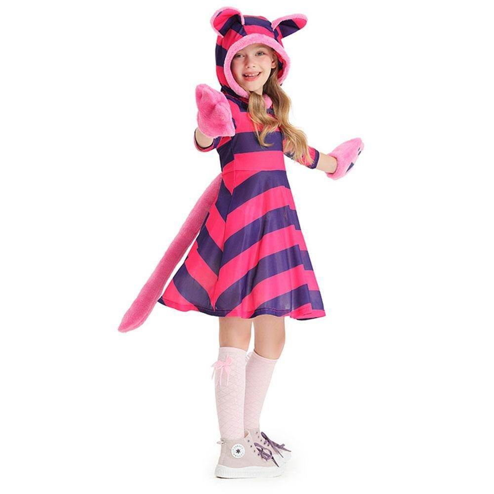 Purple Striped The Cheshire Cat Dress Halloween Outfits Carnival Cosplay Costume For Kids - Ecosfun