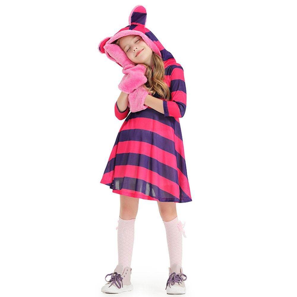 Purple Striped The Cheshire Cat Dress Halloween Outfits Carnival Cosplay Costume For Kids - Ecosfun